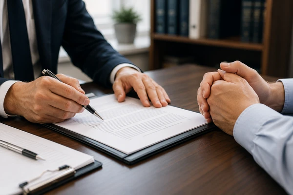 Attorney reviewing legal documents with client at The Law Office of Matthew V. Portella, LLC in New Jersey